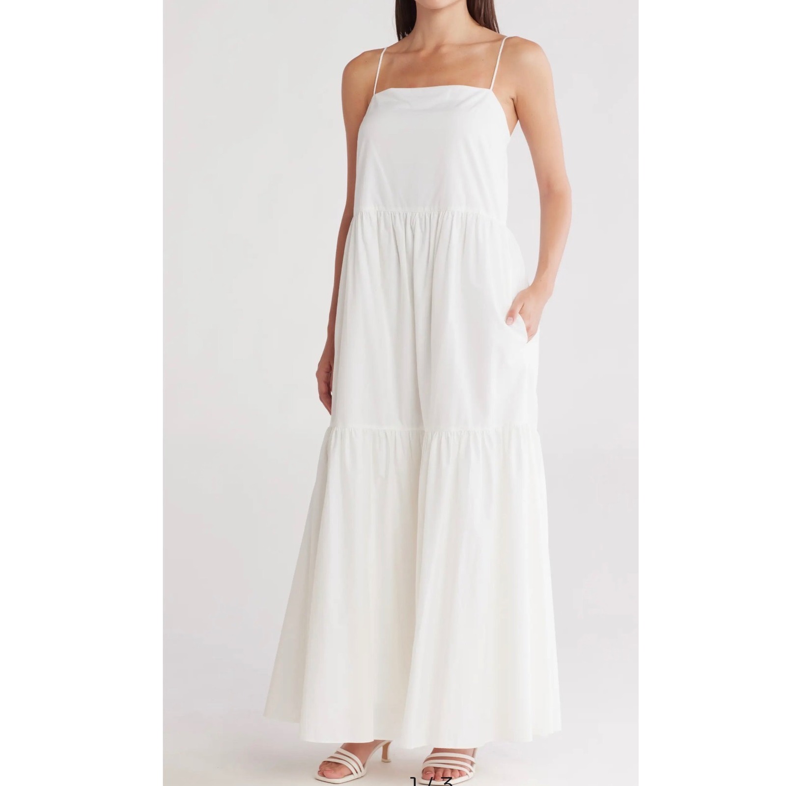 Rag & Bone Leilah White Cotton Poplin Tiered Maxi Dress Smocked Pockets Medium